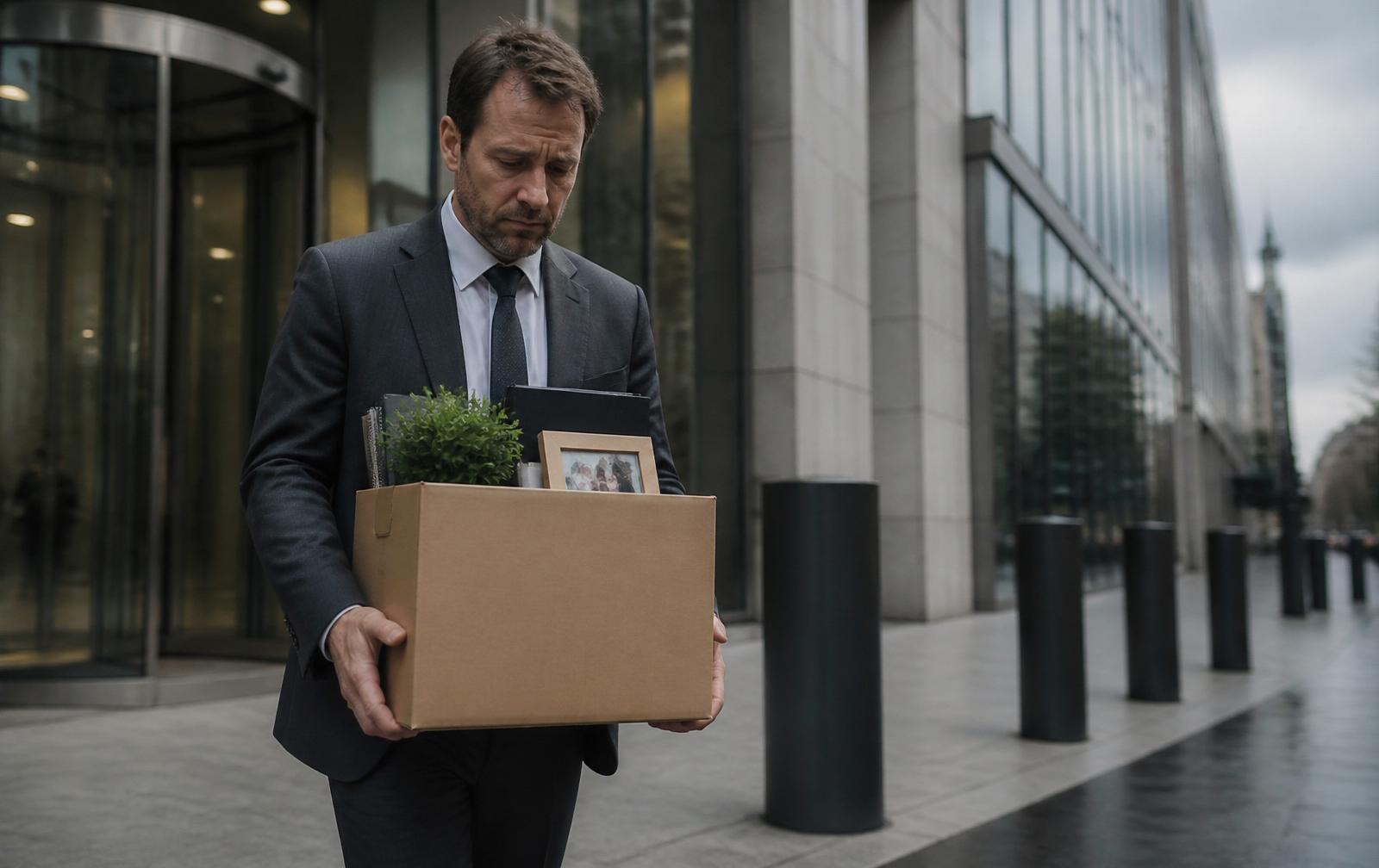 A dismissed banker leaves an office building carrying a cardboard box of personal belongings